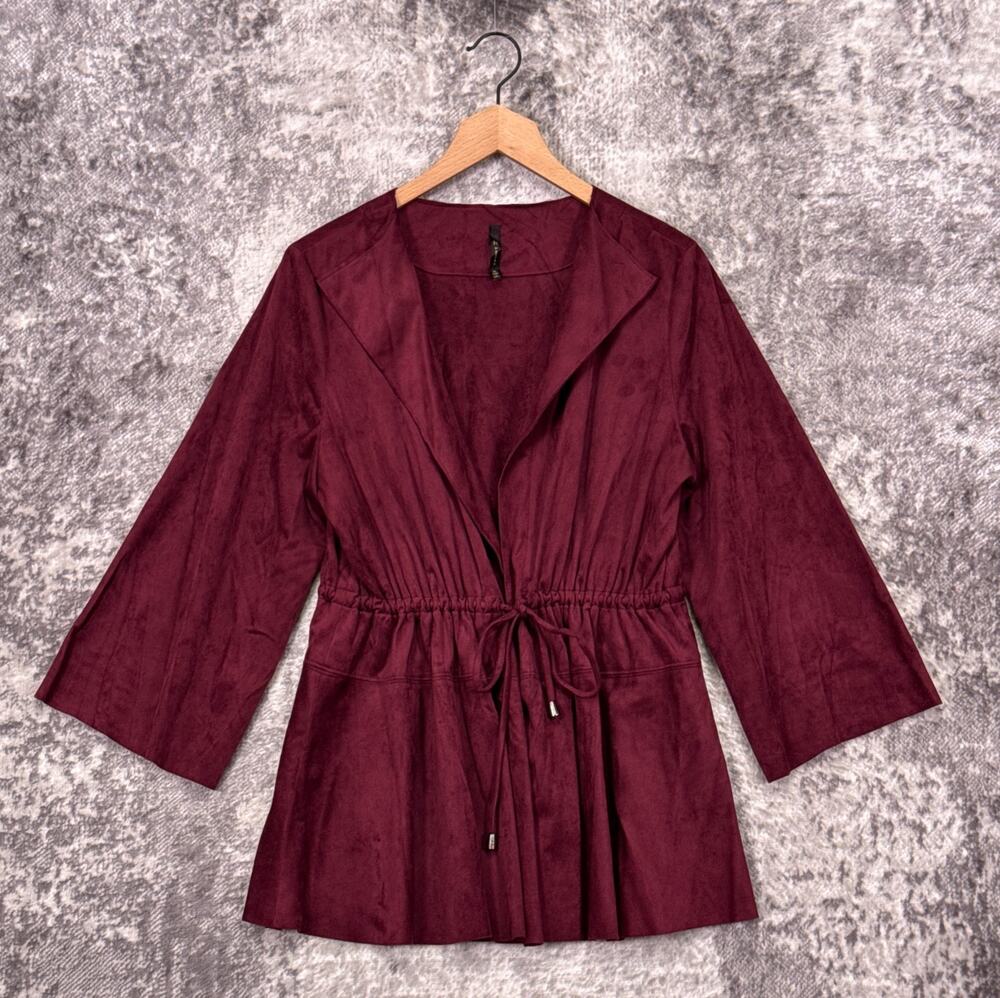 IC Connie K Jacket XL Womens Wine Red Purple Faux Suede Tie Front Kimono
